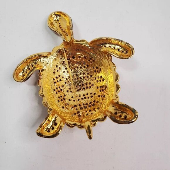 Vintage Large Sea Turtle Pin Gold tone Enamel Rhinestones Brooch - Picture 10 of 12